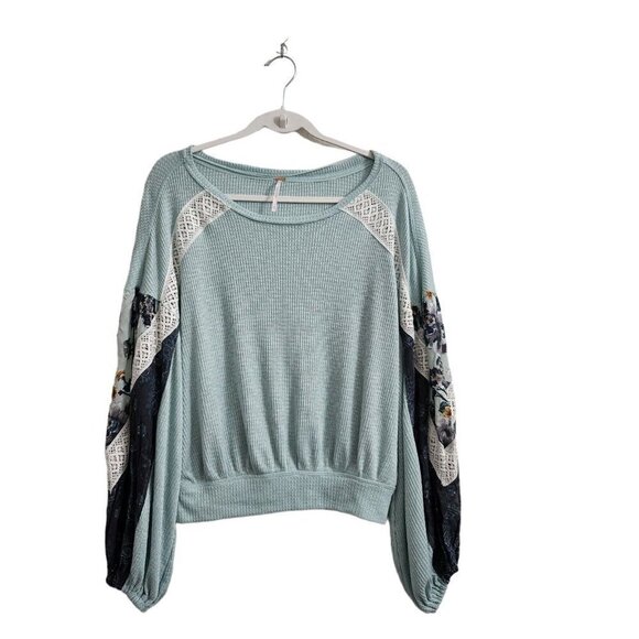Free People Top Small Mint Blouse Clash Thermal Floral Patchwork Croche Boho - Picture 2 of 12